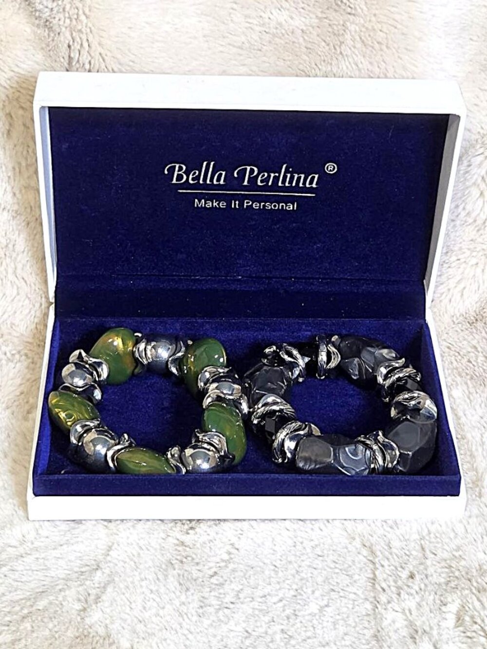 Bella Perlina 2 Stretch Bracelet Set Chunky Polished Beads Green & Black